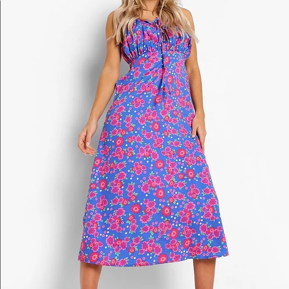 Floral Print Tie Detail Midi Dress Boohoo